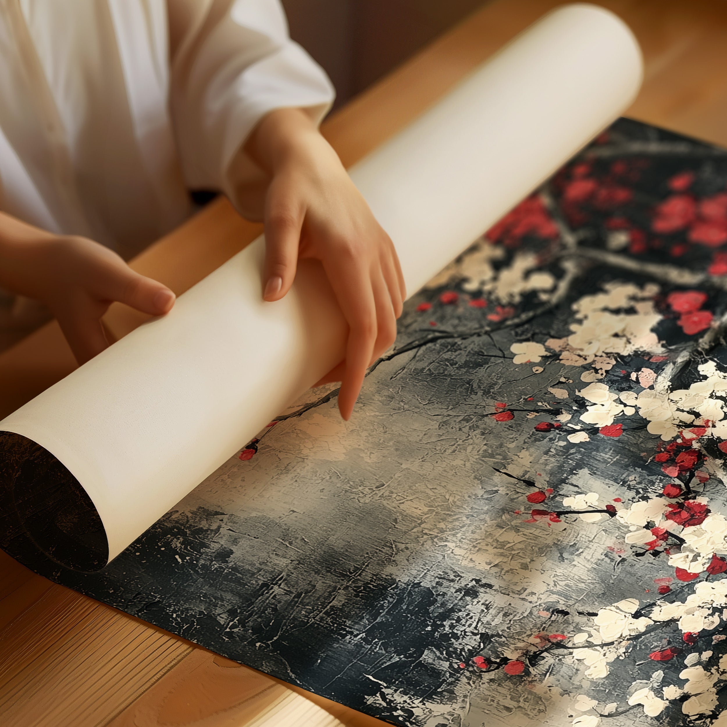 Cherry Blossoms on Charcoal Silk