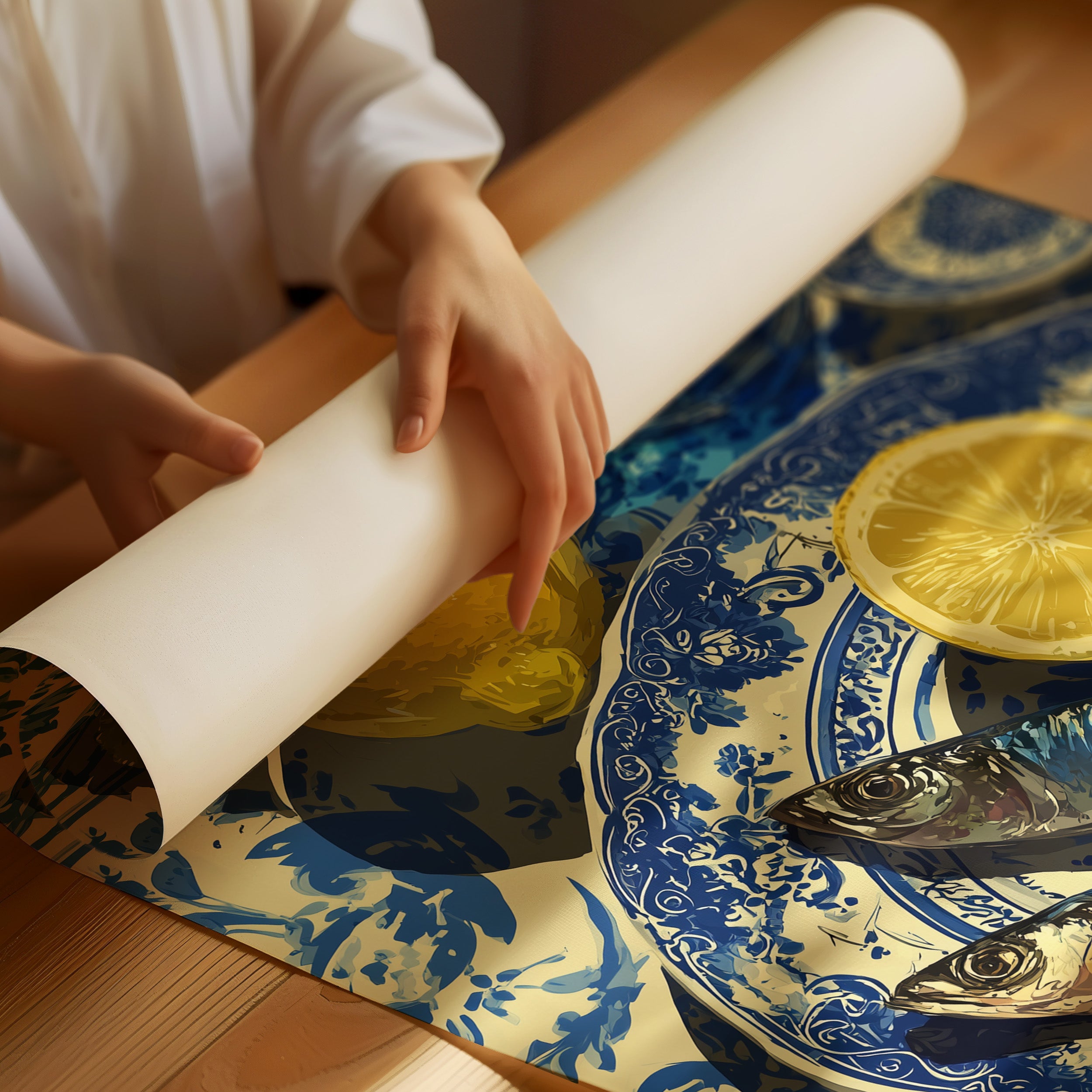 Sardines and Lemon on Blue Delft
