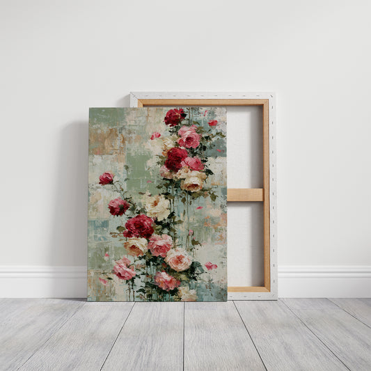 Climbing Roses on Plaster — Crimson Drip Impasto Painting
