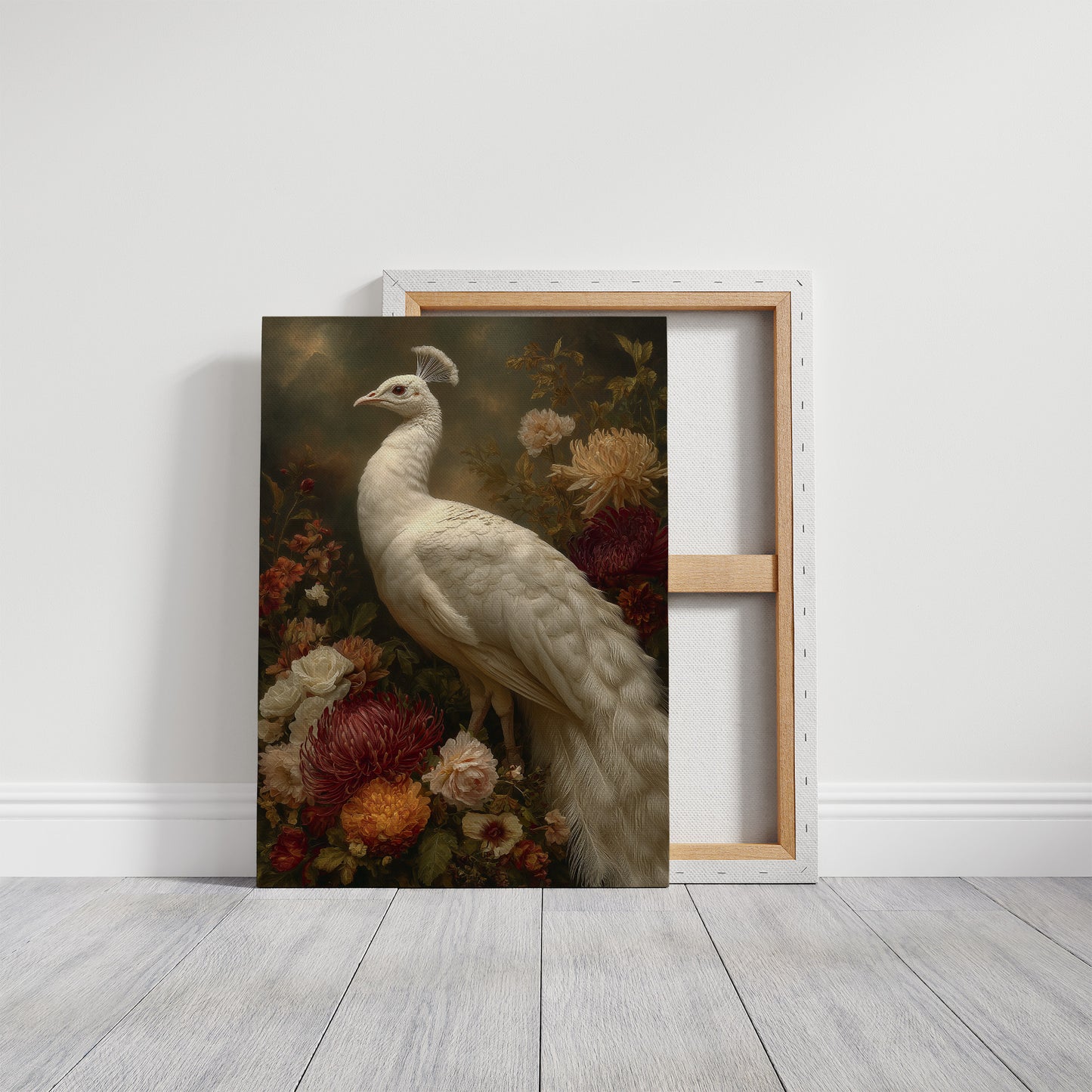 White Peacock Among Blooming Peonies