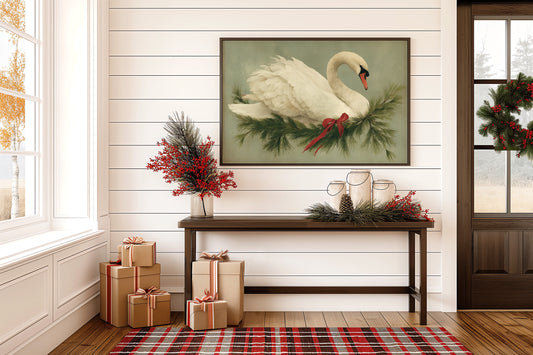 Winter Swan Among Pine Branches