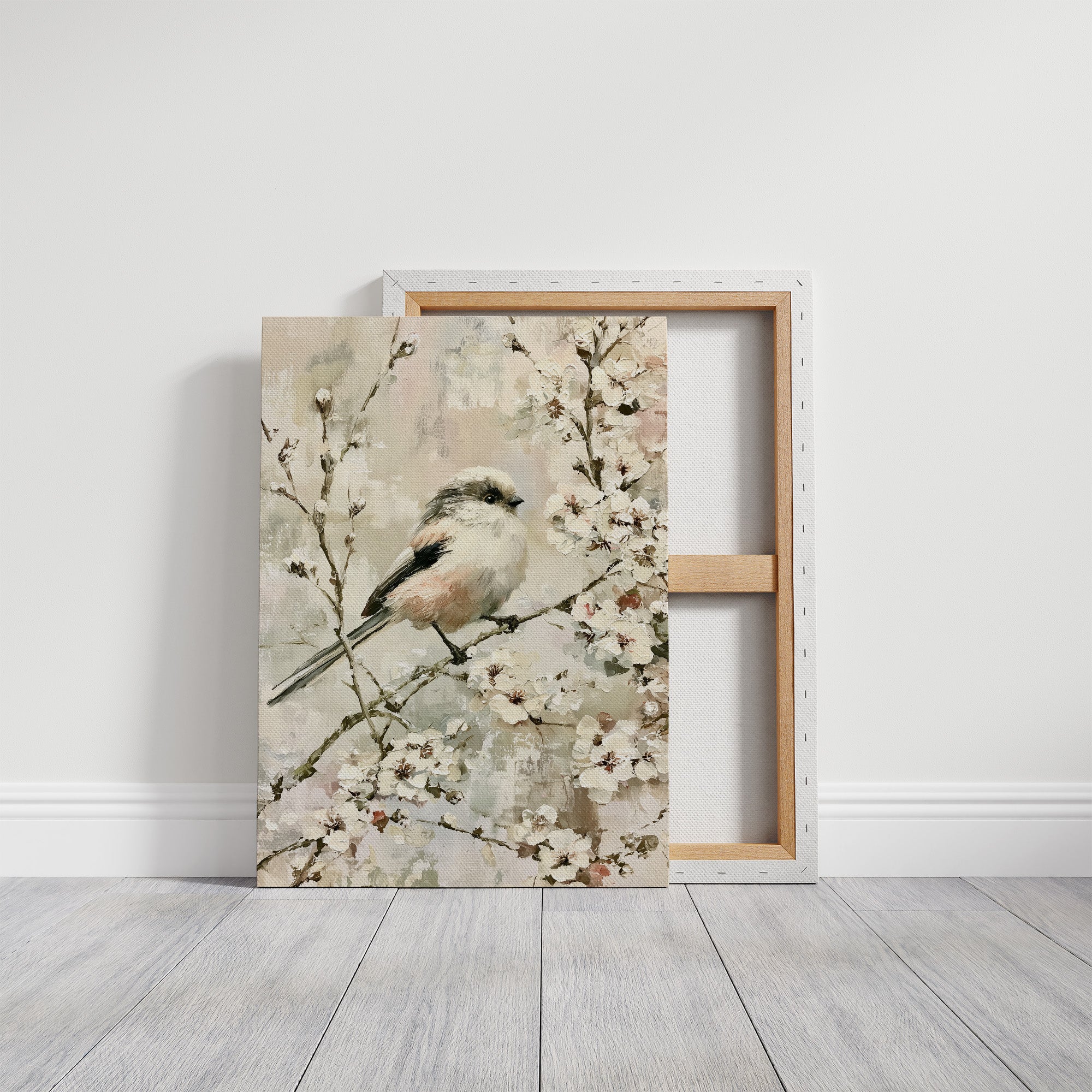 Long-Tailed Tit in Cherry Blossoms — Impasto Bird Painting