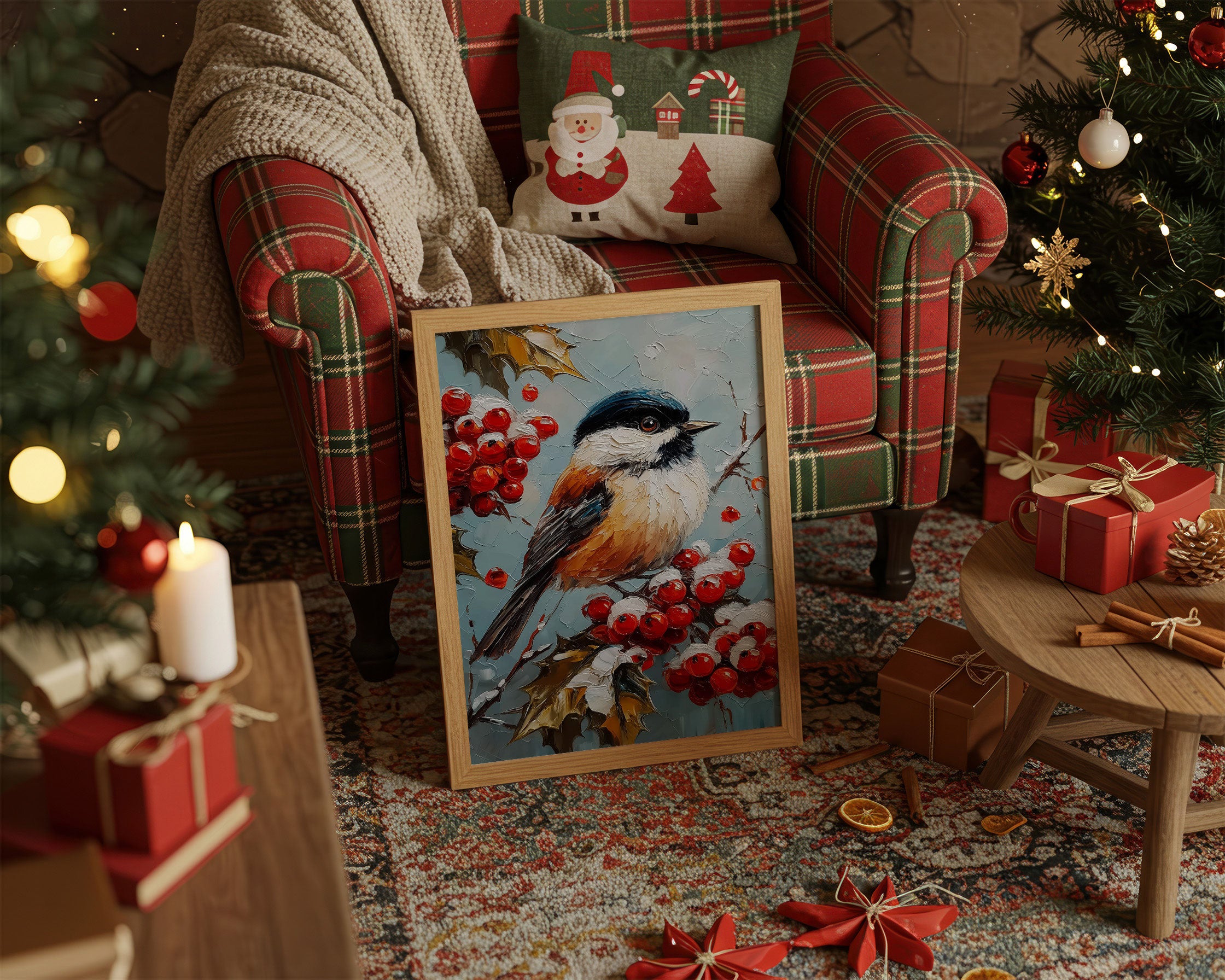 Winter Songbird Among Holly Berries