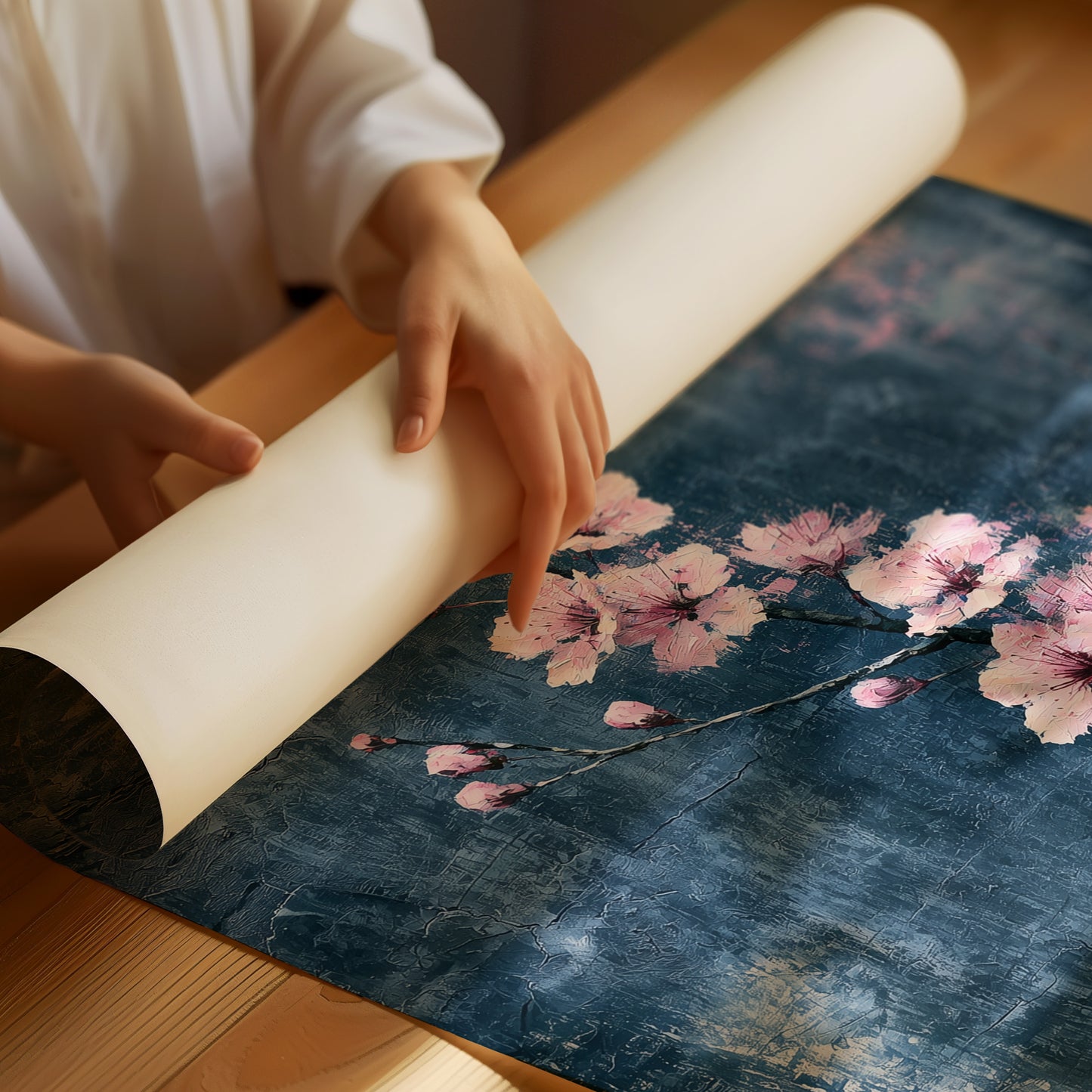 Pink Blossoms on Weathered Denim Blue