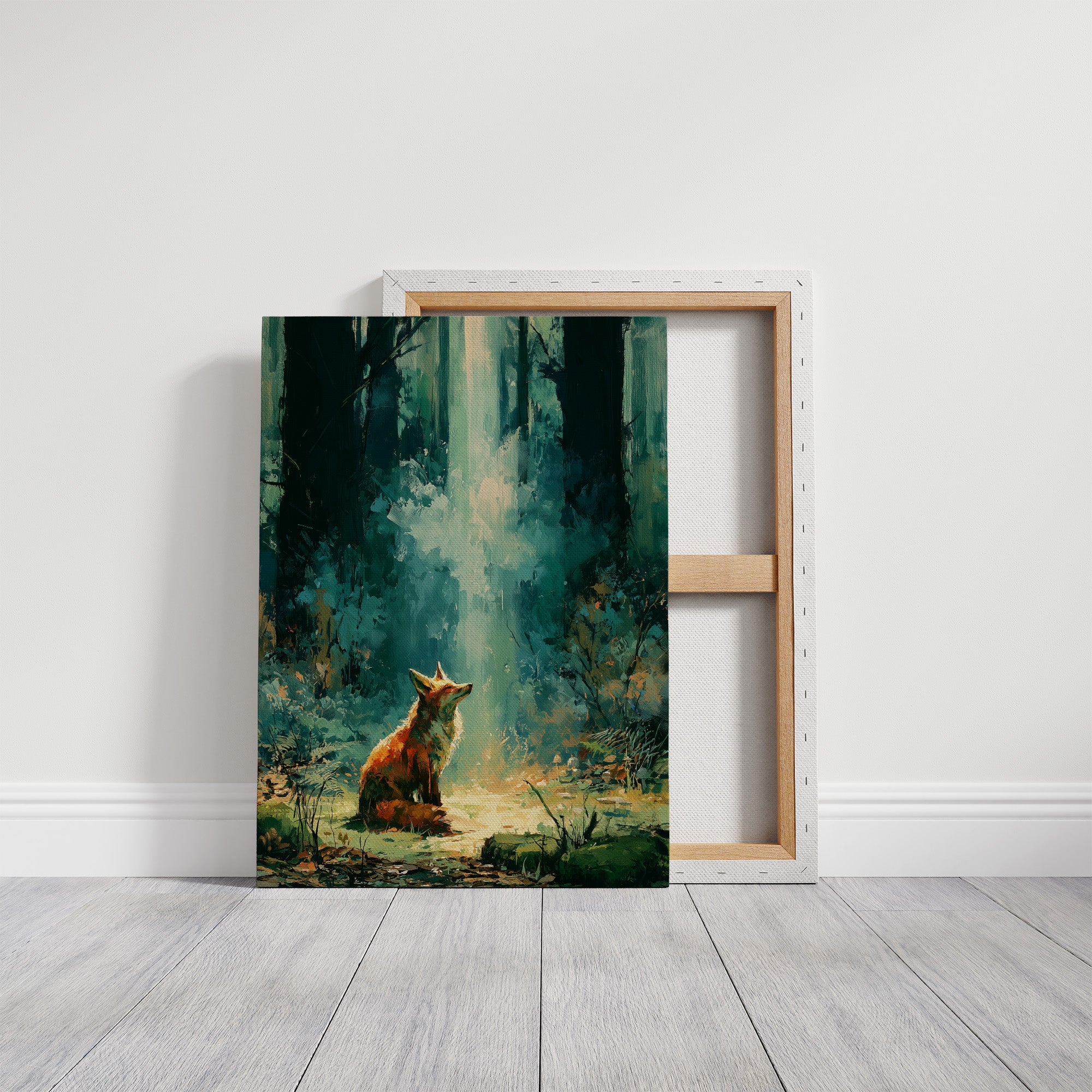 Fox in the Cathedral Light — Emerald Forest Oil Painting