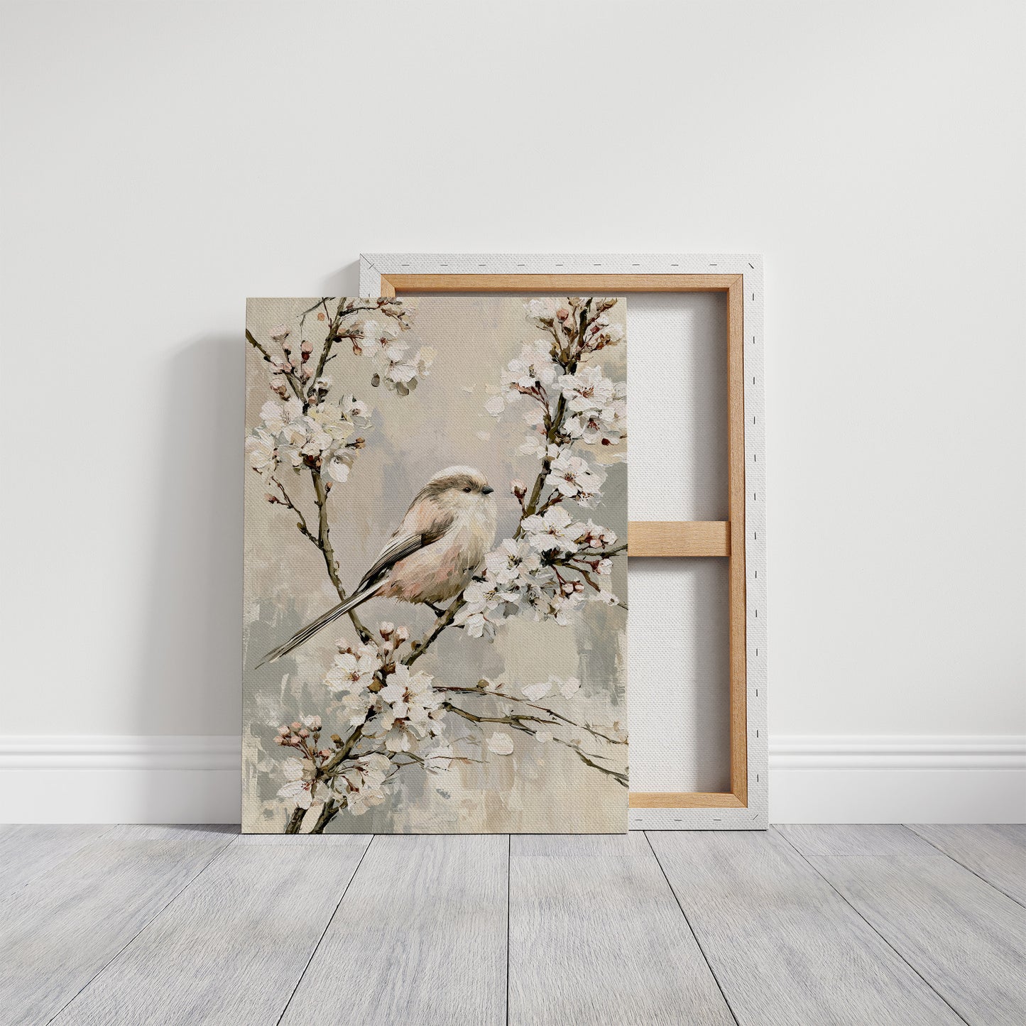 Long-Tailed Tit in Cherry Blossoms — Grey Taupe Oil Painting