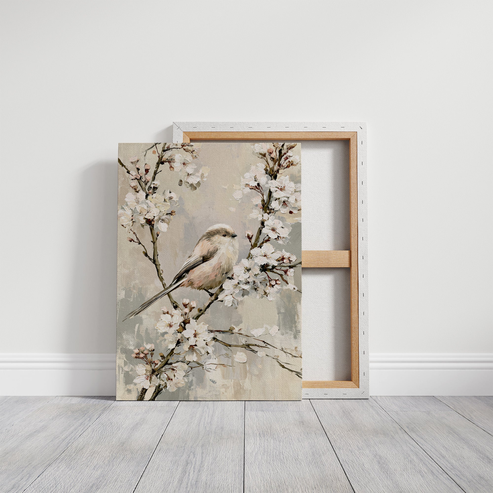 Long-Tailed Tit in Cherry Blossoms — Grey Taupe Oil Painting