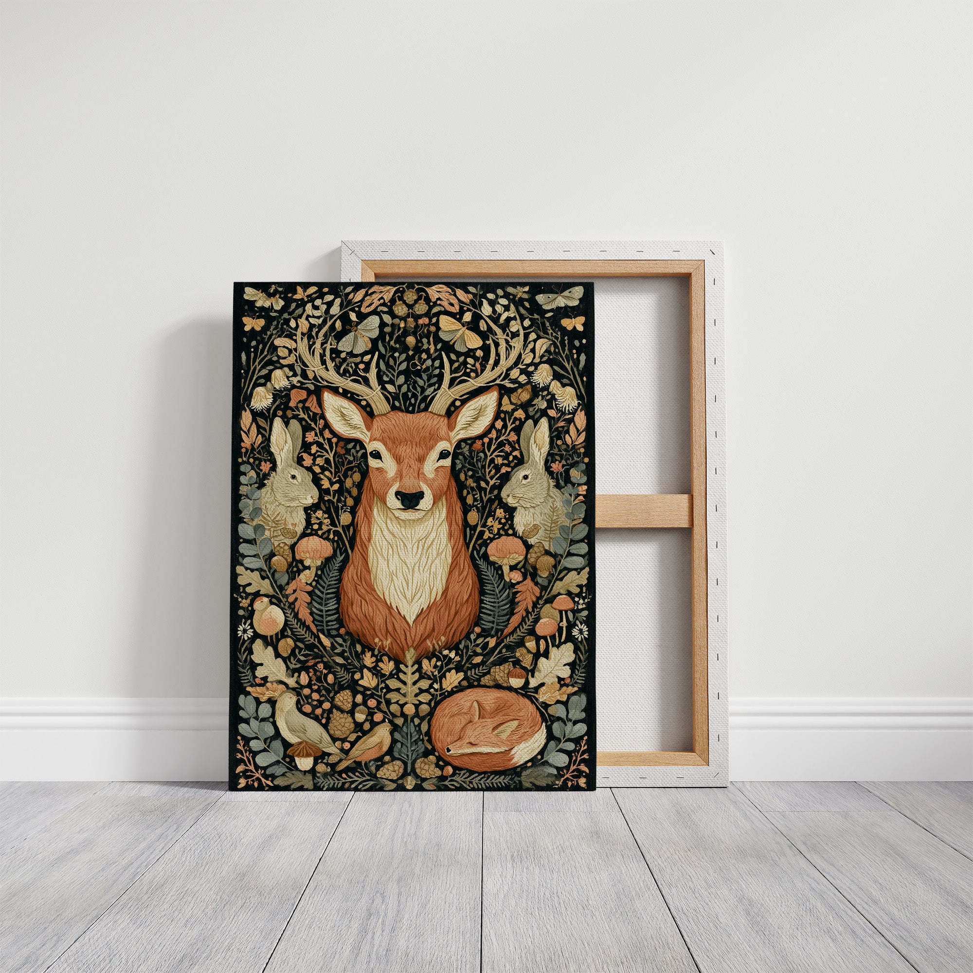 Woodland Tapestry — Dark Folk Art Deer and Forest Creatures
