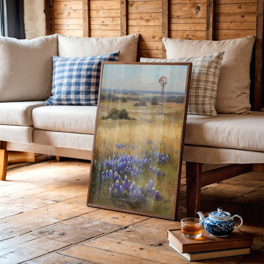 Bluebonnets Dance Near Rustic Windmill