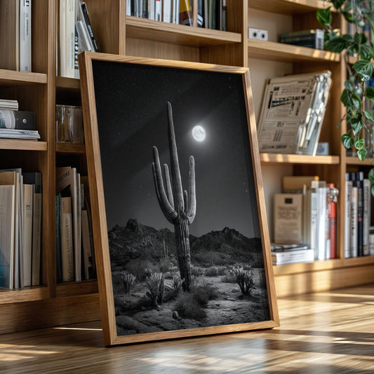 Framed desert landscape print on a wooden floor with bookshelves in the background