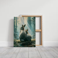 Two Rabbits in Morning Light — Forest Clearing Painting
