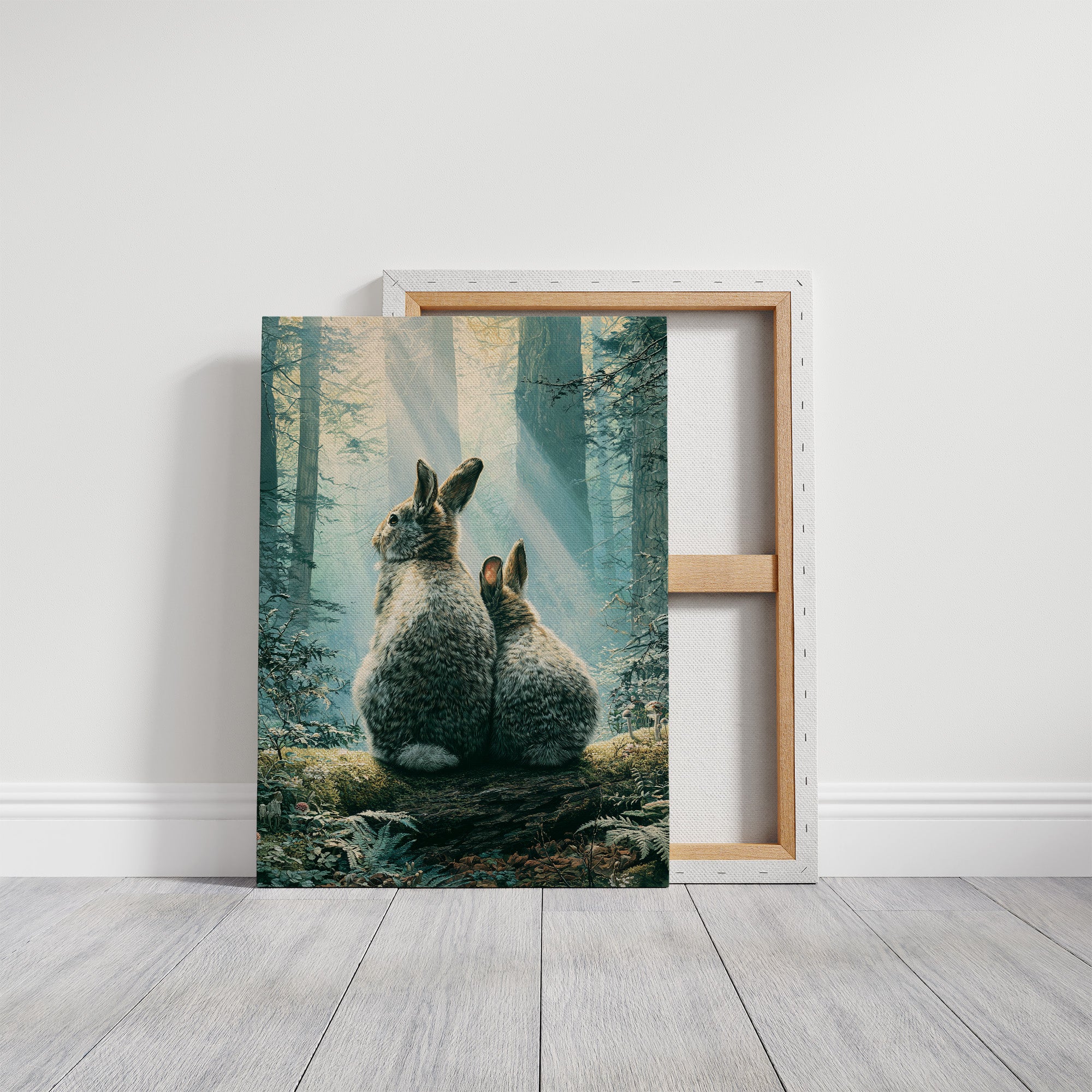 Two Rabbits in Morning Light — Forest Clearing Painting