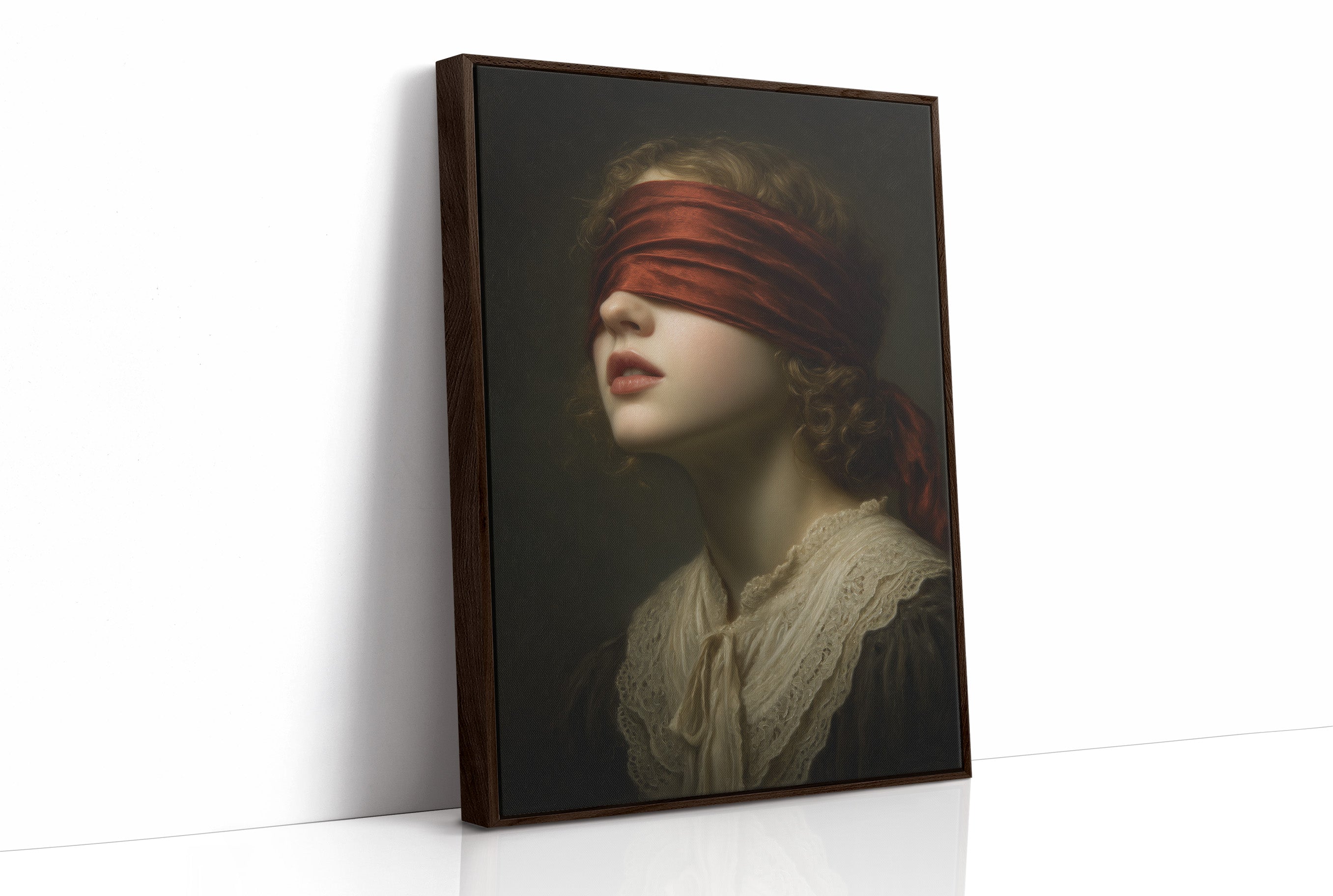 Crimson Blindfold Against Lace Collar