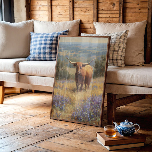 Longhorn Grazes Among Bluebonnet Dreams