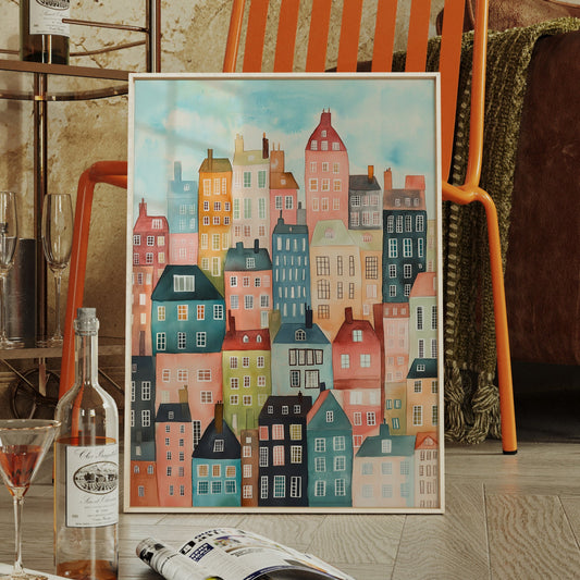 Colorful City Rowhouses Watercolor Print