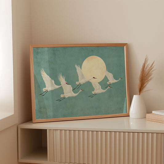 Japanese Crane Wall Art – Minimalist Blue & Gold Crane Print