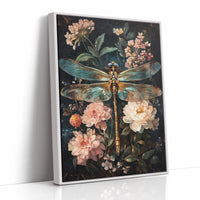 Golden Dragonfly: Dark Floral Baroque Canvas Wall Art