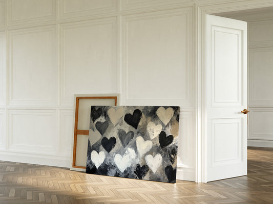 Hearts Dance Through Monochrome Mist