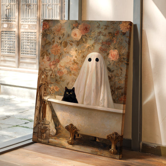 Ghostly Cat In Bathtub Canvas - Whimsical Vintage Art - Gallery Canvas image 1