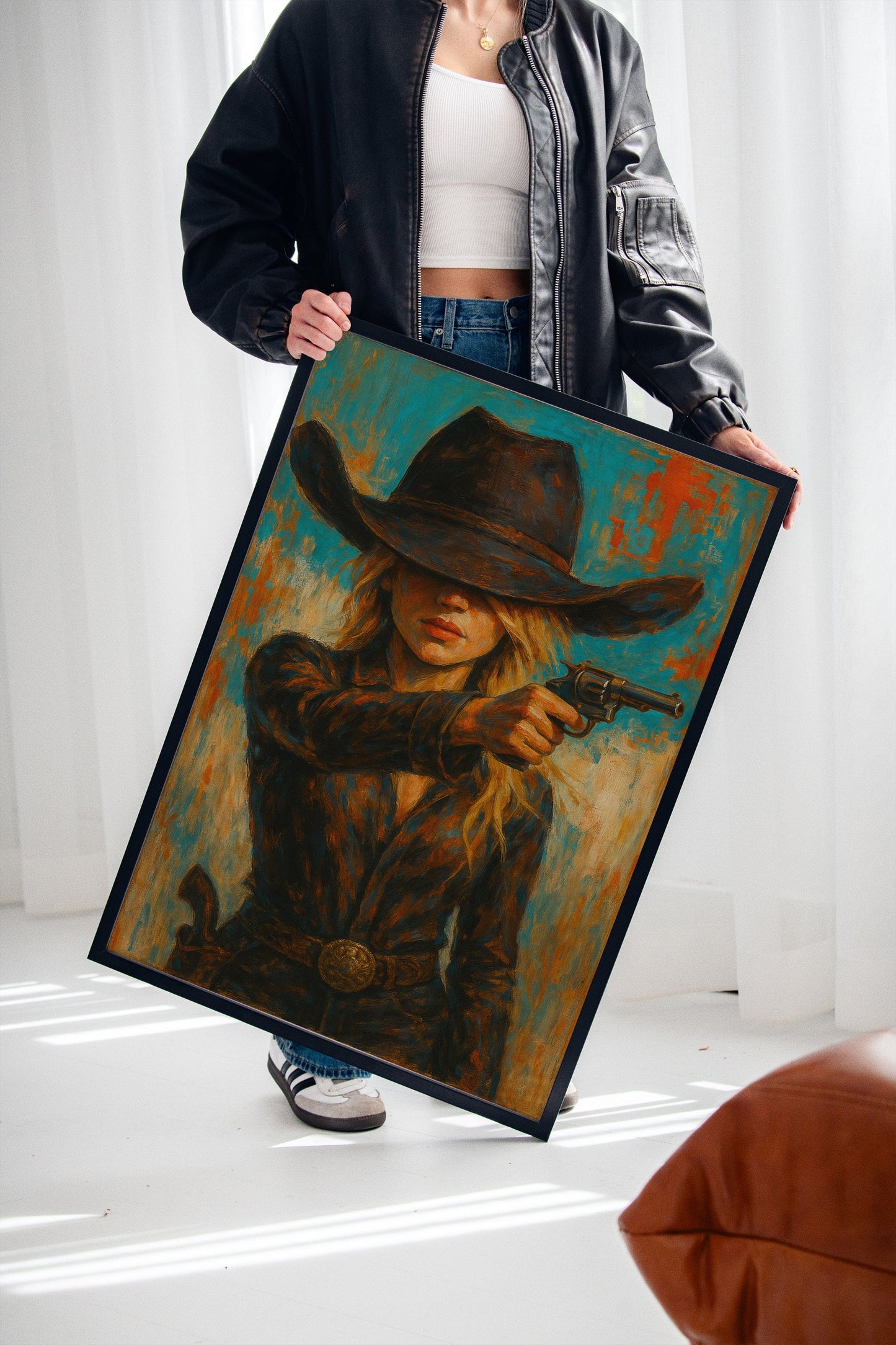 Western Grit: Cowgirl With Revolver Canvas Art