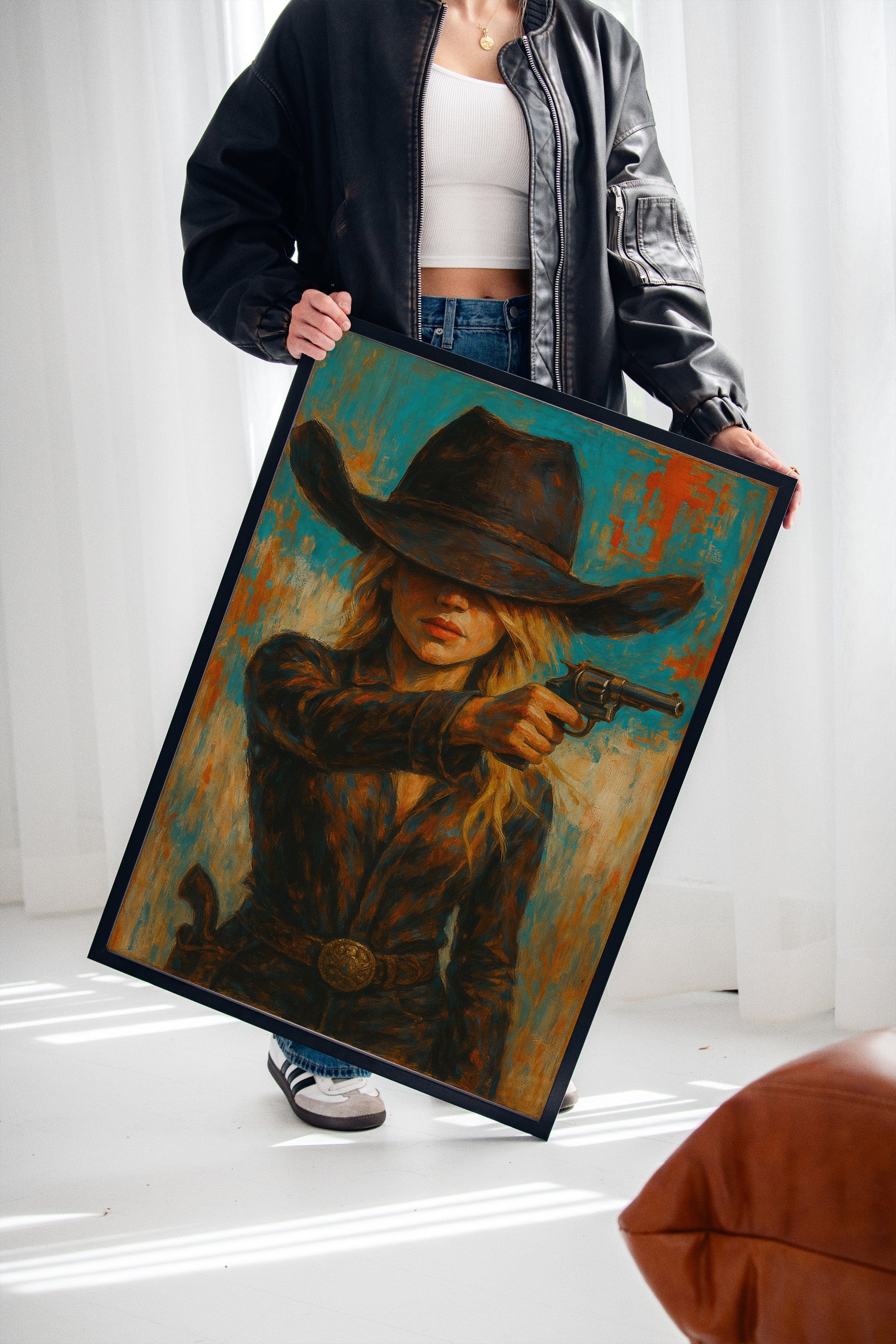 Western Grit: Cowgirl With Revolver Canvas Art