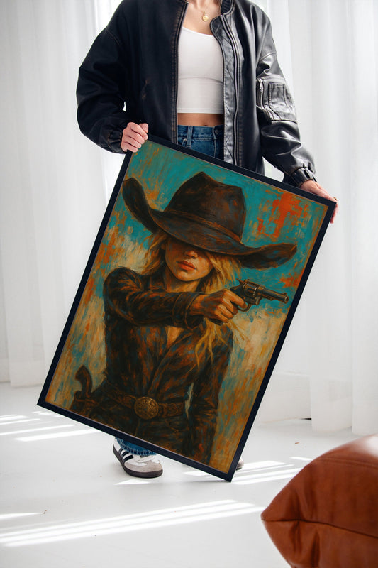Western Grit: Cowgirl With Revolver Canvas Art