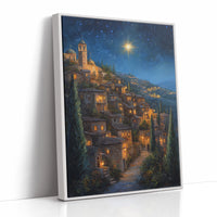 Starry Night Village Canvas Print - Enchanting Landscape Art - White Framed Canvas image 1