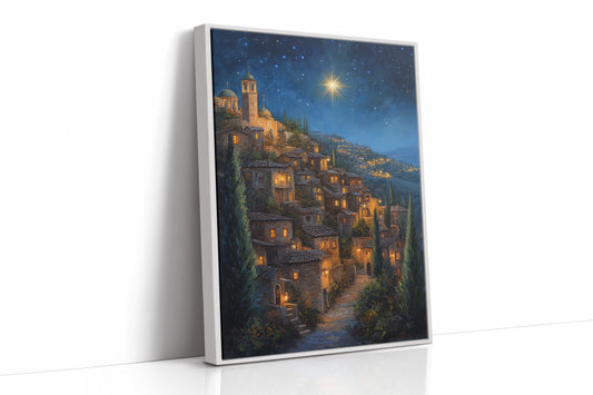 Starry Night Village Canvas Print - Enchanting Landscape Art - White Framed Canvas image 1