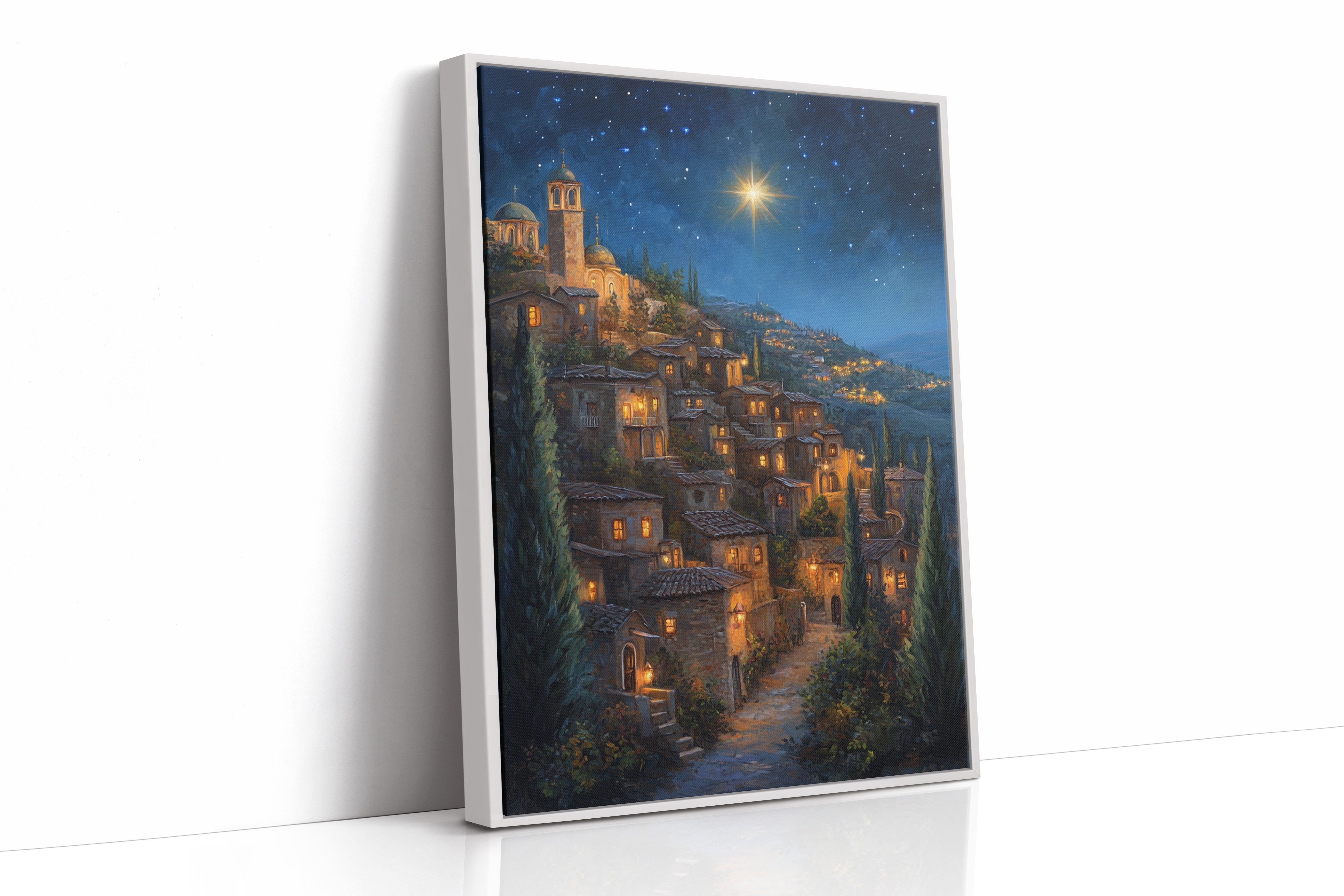 Starry Night Village Canvas Print - Enchanting Landscape Art - White Framed Canvas image 1