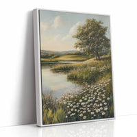 Tranquil Meadow Landscape Painting - Serene Nature Art - White Framed Canvas image 1