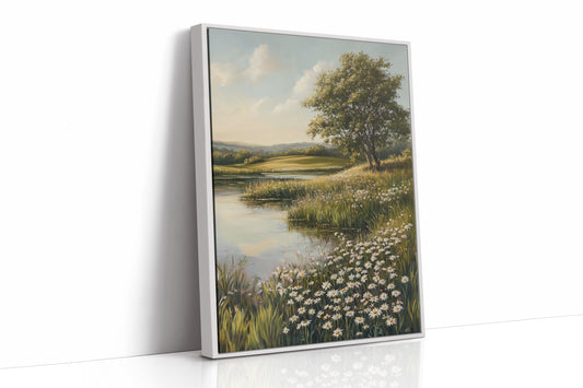 Tranquil Meadow Landscape Painting - Serene Nature Art - White Framed Canvas image 1