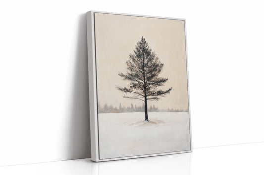 Solitary Pine Winter Canvas - Minimalist Nature Art - White Framed Canvas image 1