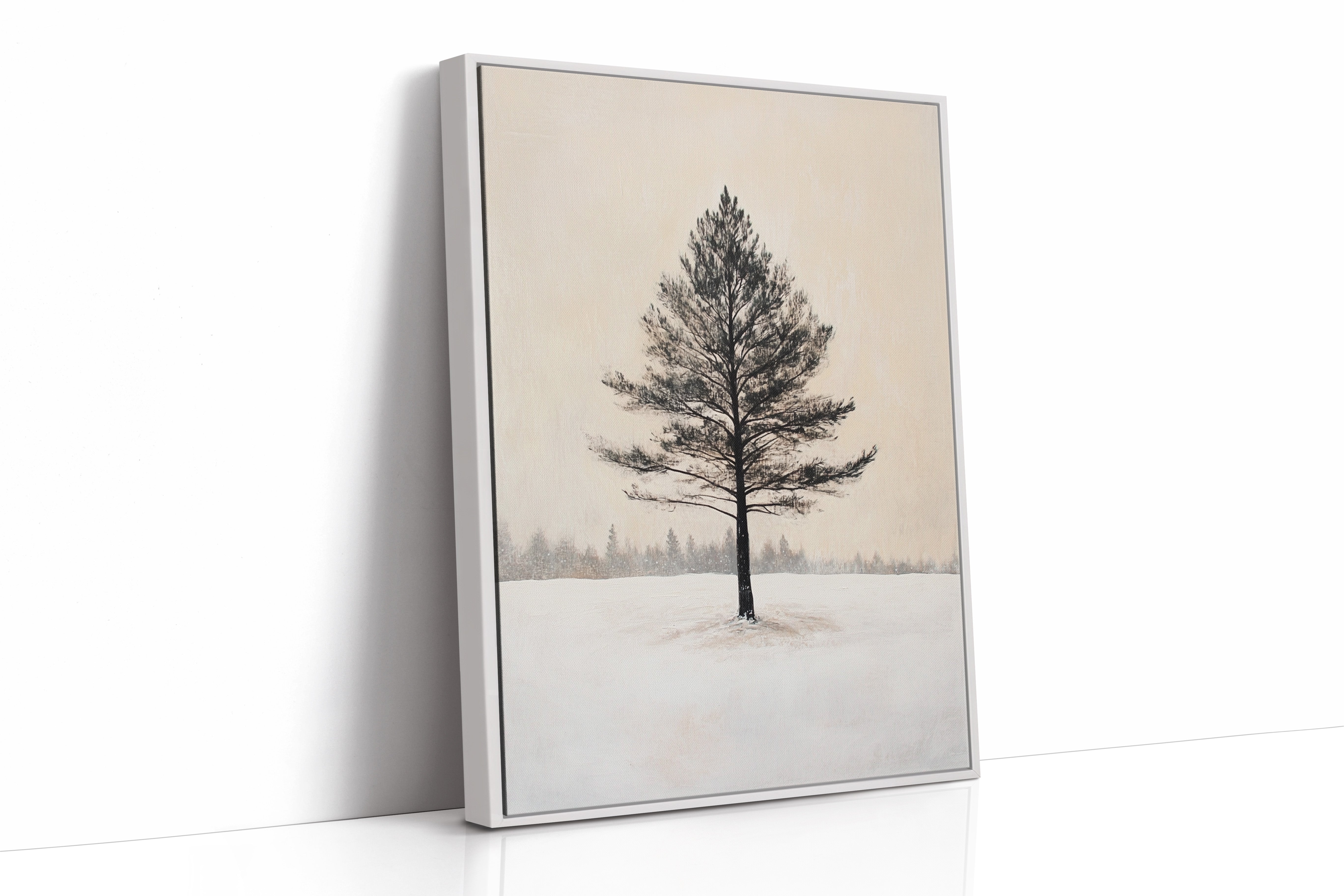 Solitary Pine Winter Canvas - Minimalist Nature Art - White Framed Canvas image 1