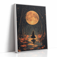 Witch Under Full Moon Art Print - Enchanting Autumn Scene - White Framed Canvas image 1