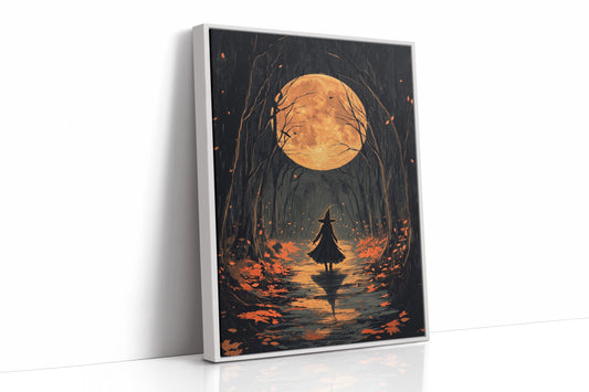 Witch Under Full Moon Art Print - Enchanting Autumn Scene - White Framed Canvas image 1