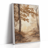 Serene Autumn Forest Pathway - Watercolor Landscape Art - White Framed Canvas image 1