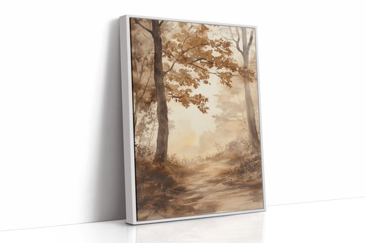 Serene Autumn Forest Pathway - Watercolor Landscape Art - White Framed Canvas image 1