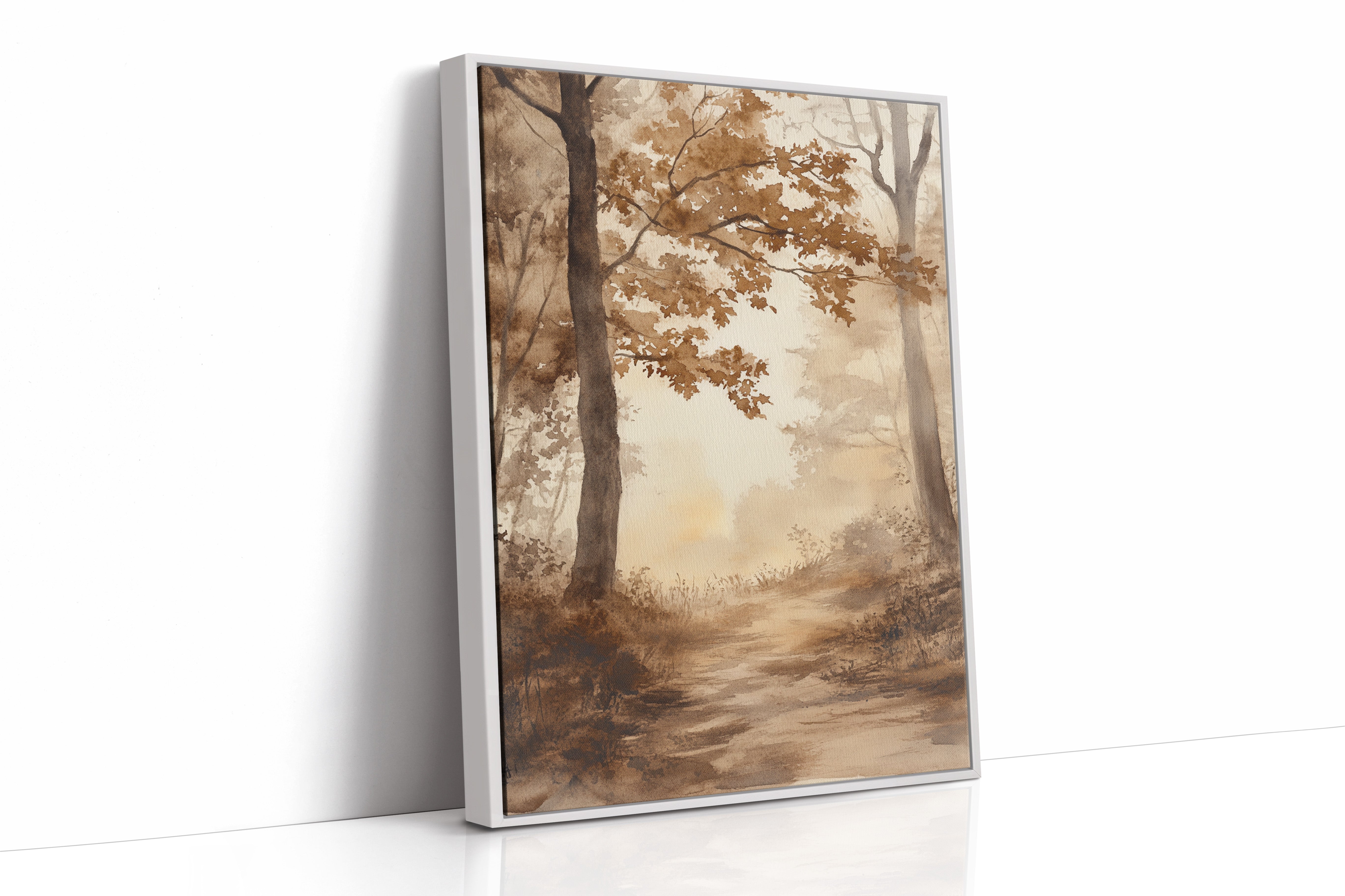 Serene Autumn Forest Pathway - Watercolor Landscape Art - White Framed Canvas image 1