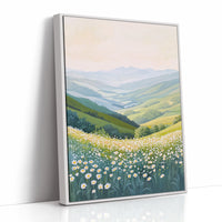 Tranquil Meadow Landscape Art Print - Pastel Scenic Decor - White Framed Canvas image 1