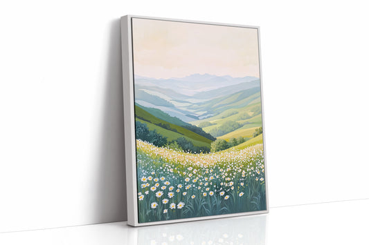 Tranquil Meadow Landscape Art Print - Pastel Scenic Decor - White Framed Canvas image 1