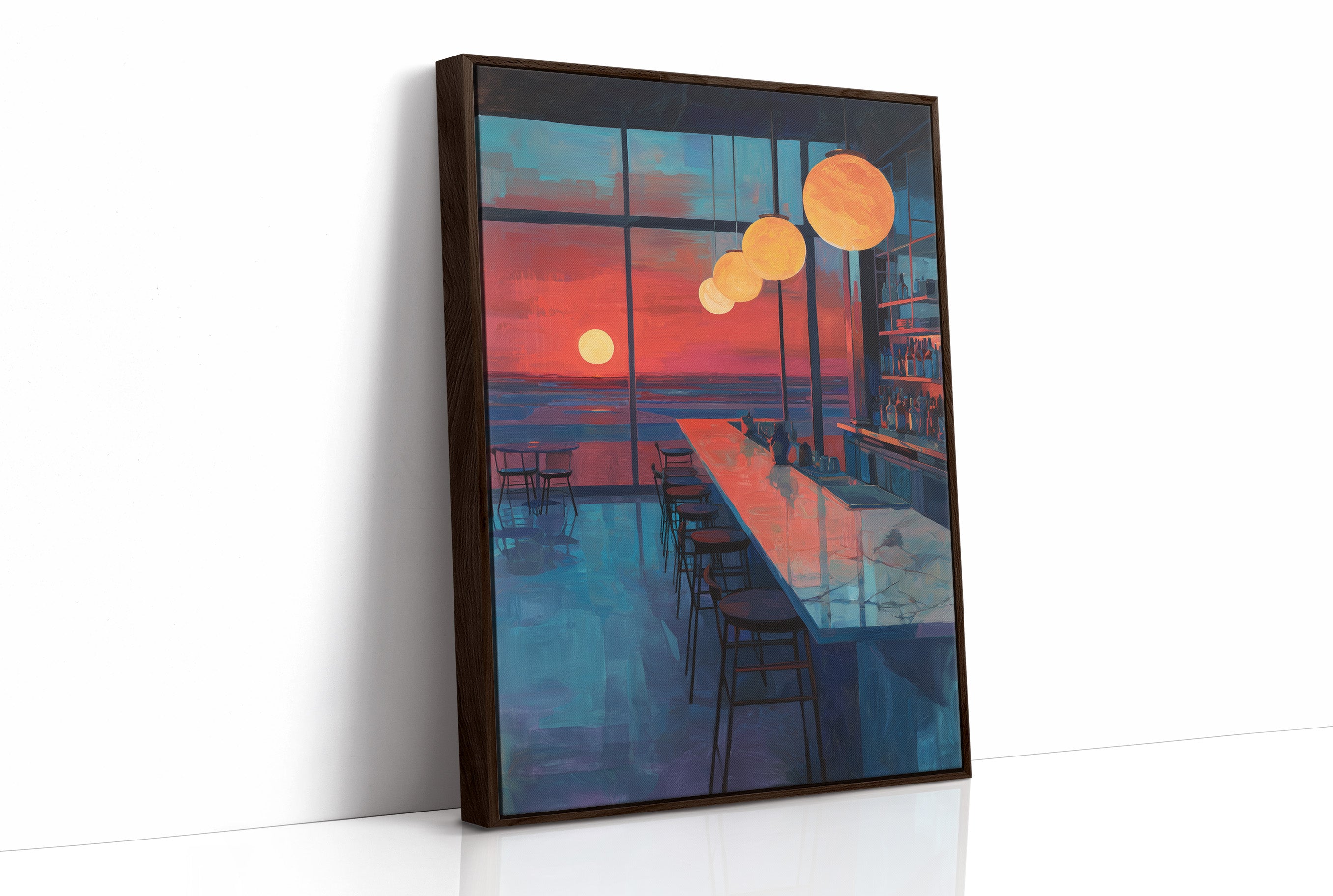 Lanterns Float Above Empty Barstools