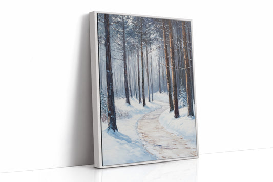 Winter Forest Pathway Canvas - Serene Nature Art - White Framed Canvas image 1
