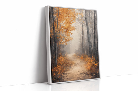 Golden Autumn Pathway Canvas Print - Tranquil Nature Art - White Framed Canvas image 1