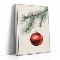 Festive Red Ornament Watercolor Print - Holiday Wall Art - White Framed Canvas image 1