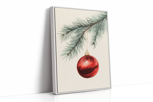 Festive Red Ornament Watercolor Print - Holiday Wall Art - White Framed Canvas image 1