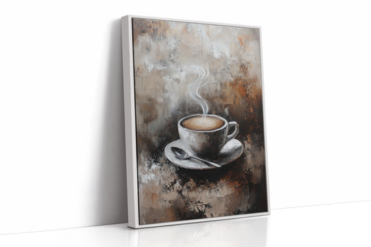 Steaming Coffee Cup Canvas Art - Rustic Kitchen Decor - White Framed Canvas image 1