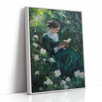 Victorian Lady Reading Portrait - Romantic Garden Art - White Framed Canvas image 1