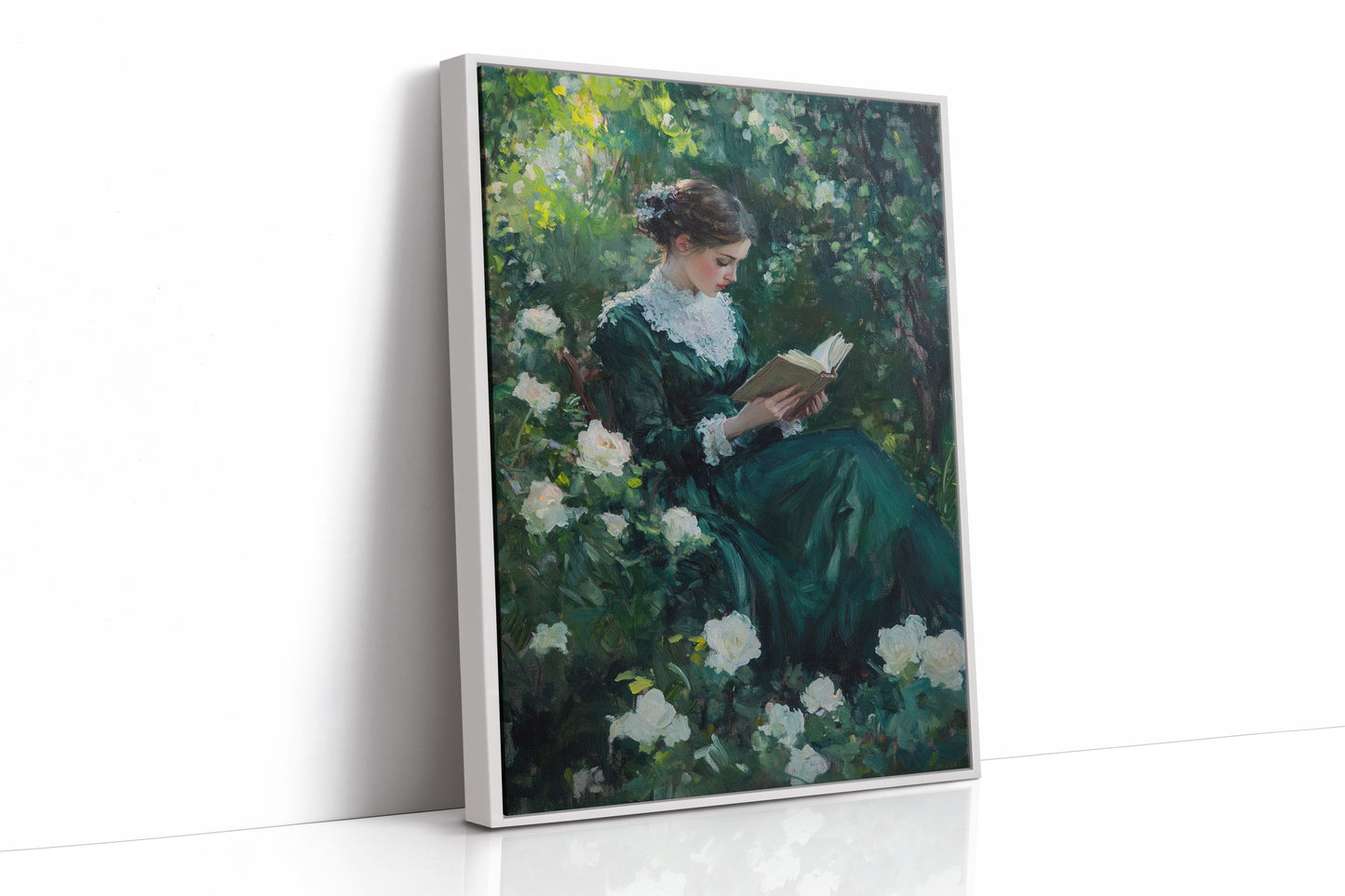 Victorian Lady Reading Portrait - Romantic Garden Art - White Framed Canvas image 1