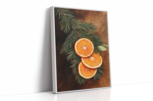 Orange Slice Pine Branch Print - Rustic Nature Art - White Framed Canvas image 1