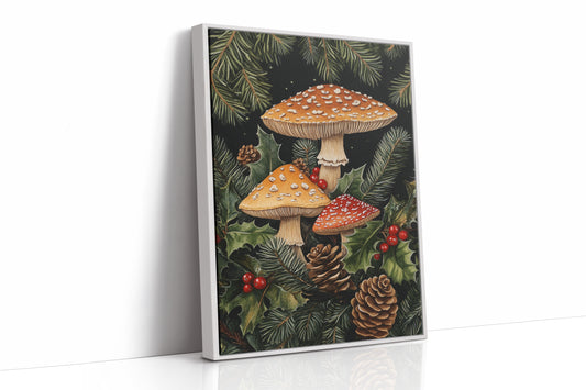 Enchanted Mushroom Forest Print - Woodland Holiday Decor - White Framed Canvas image 1